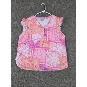 Linen Blend by Hester & Orchard Top Womens L Pink Paisley Ruffle Cap Sleeve